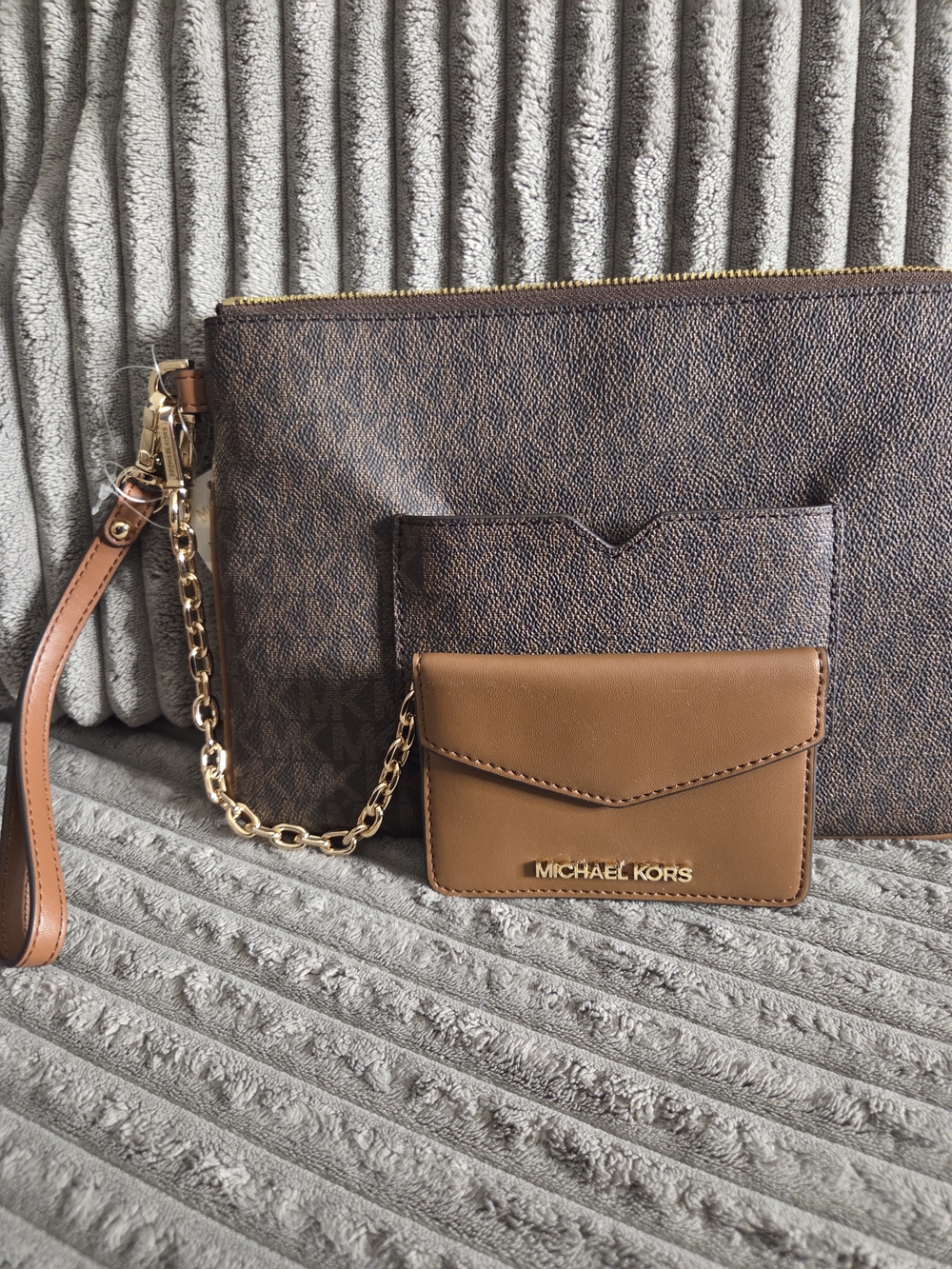 Michael Kors Brown Logo Wristlet with Tan Trim - Picture 3 of 7